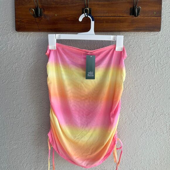 Wild Fable XS Pink & Yellow Tie-Dye Ruched Cover-Up Mini Skirt - Picture 3 of 5